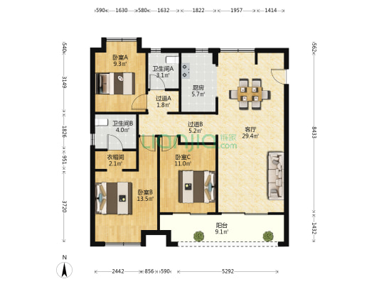 绿地新里城名仕公馆E02 3室1厅2卫 120平方