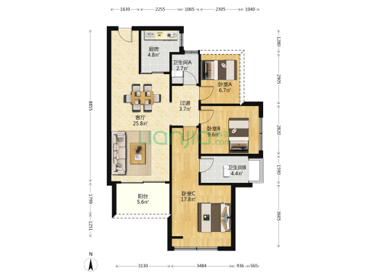 保利鹿江来 3室1厅2卫 96平方