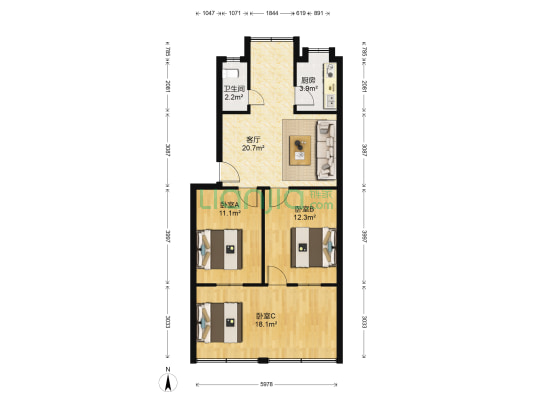 长沙县公路管理局宿舍 3室1厅1卫 64平方