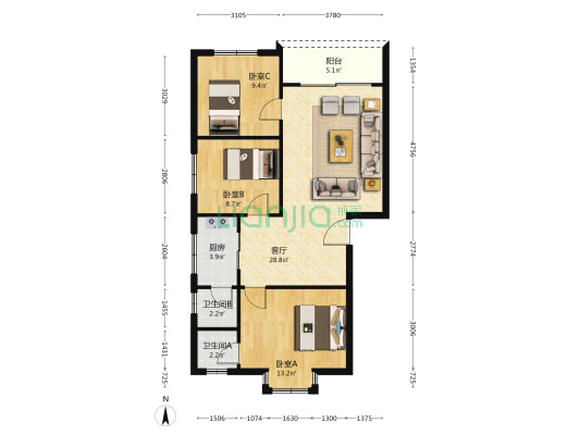 龙鑫阁B区 3室1厅2卫 90平方