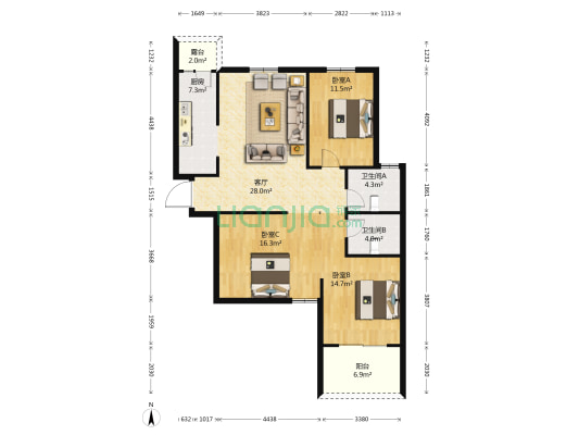 蔚蓝滨江 3室1厅2卫 130平方