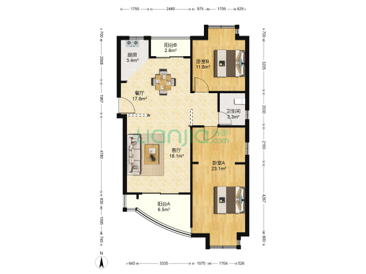 水木年华花园 2室2厅1卫 117平方