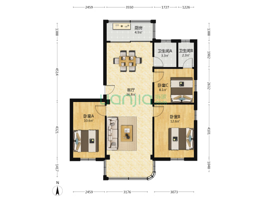 元下田791号大院 3室1厅2卫 89平方