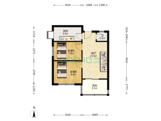 二药南楼 2室1厅1卫 63平方