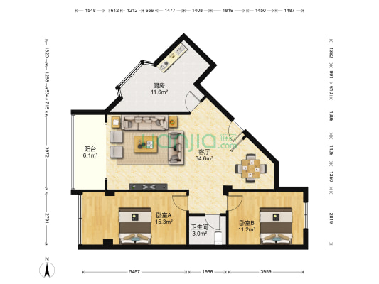 得意家小区 2室1厅1卫 107平方