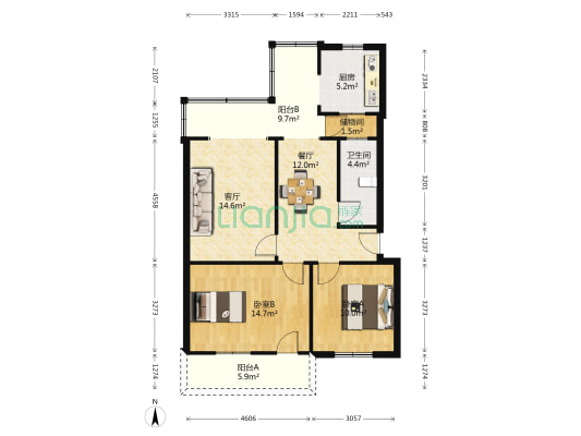 贾家巷43号 2室2厅1卫 84平方
