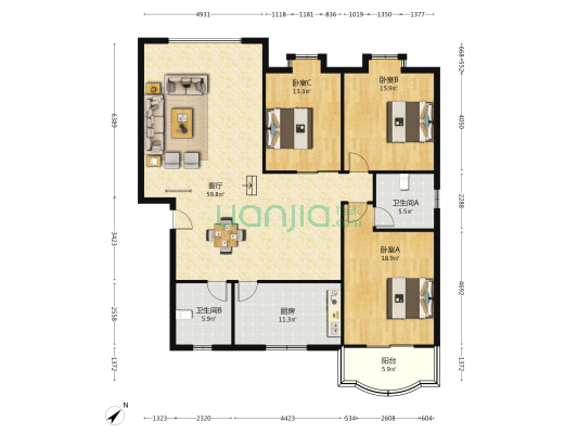 金阳小区 3室1厅2卫 164平方