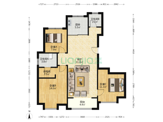 锦绣大家 3室1厅2卫 110平方