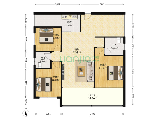 君雁皇家尊邸 3室1厅2卫 117平方