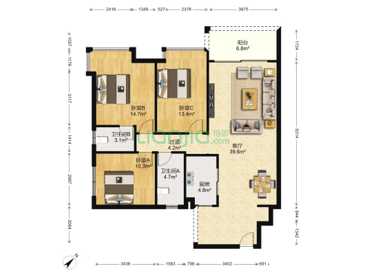 东骏豪庭 3室1厅2卫 122平方
