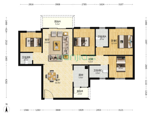 坤创幸福城 4室2厅3卫 132平方