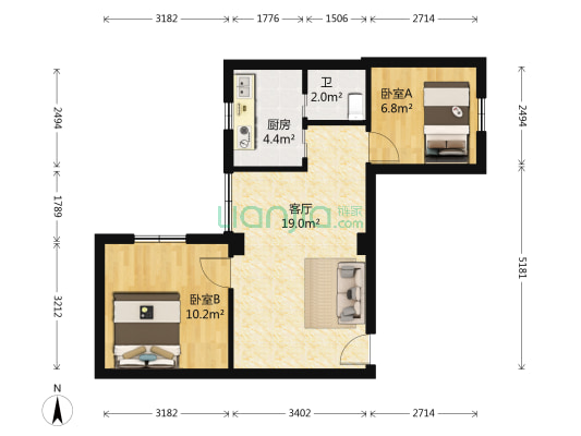 建南大厦 2室1厅1卫 54平方