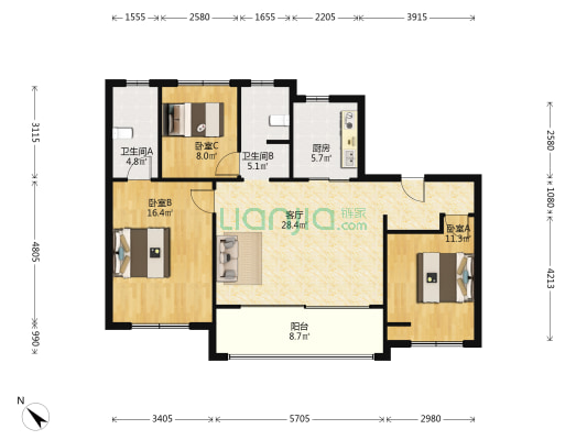 首开万科江悦光年 3室1厅2卫 113平方