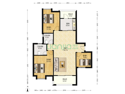 天鹿花园南区 3室1厅2卫 114平方