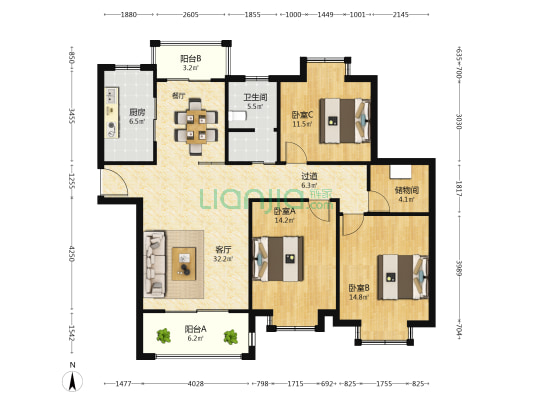 地纬东洲半岛 3室1厅1卫 135平方