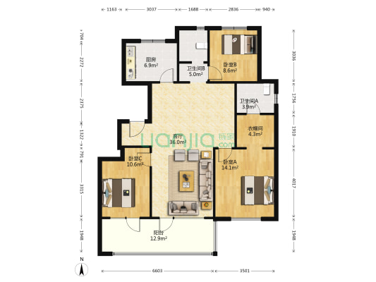 绿地国际花都 3室1厅2卫 125平方