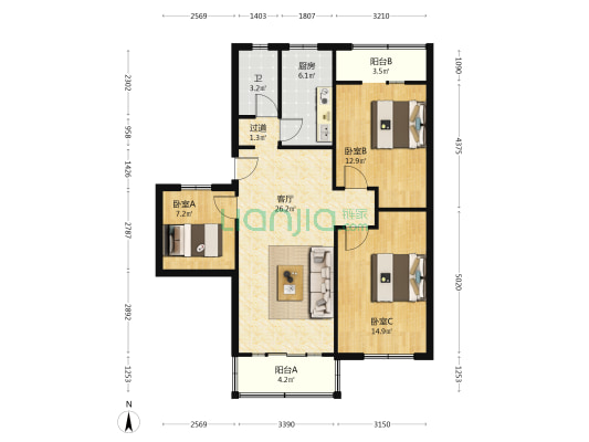 凌花公寓 3室1厅1卫 93平方