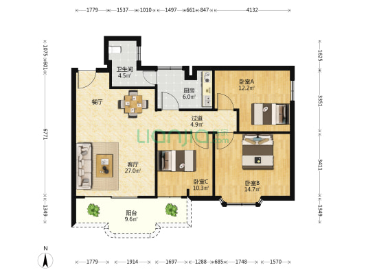 骏景花园 3室1厅1卫 107平方