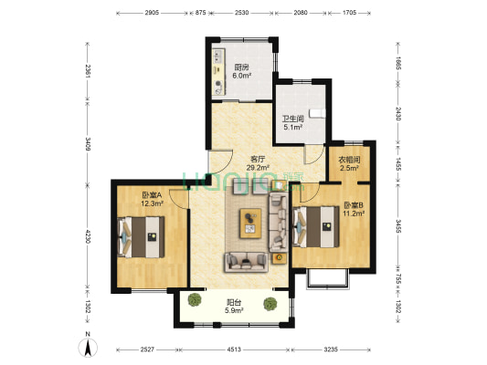 贵爵公寓 2室1厅1卫 92平方