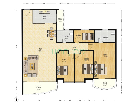 中海城市广场 4室1厅2卫 216平方