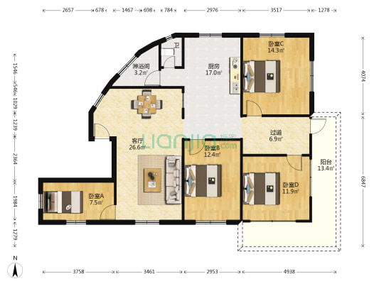 朝南路住宅 4室1厅2卫 127平方