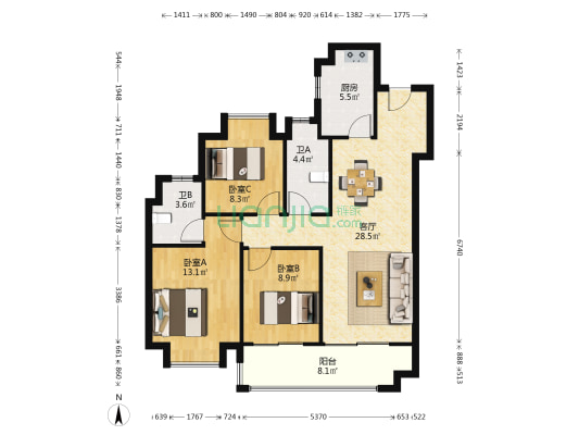 皖投国滨世家璞园 3室1厅2卫 112平方