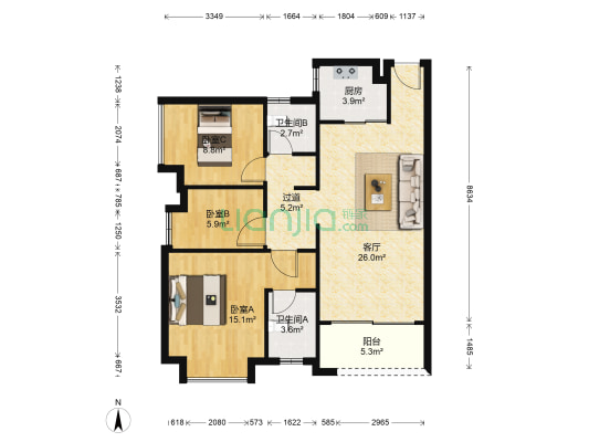 新城博爱湖首府 3室1厅2卫 95平方