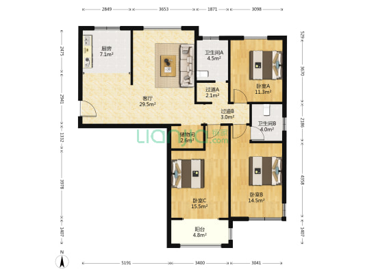 郎润盛世家园 3室1厅2卫 138平方
