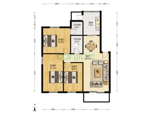 华侨公寓 3室1厅2卫 111平方