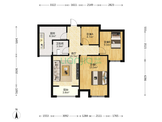 昌建誉峰 3室1厅1卫 88平方