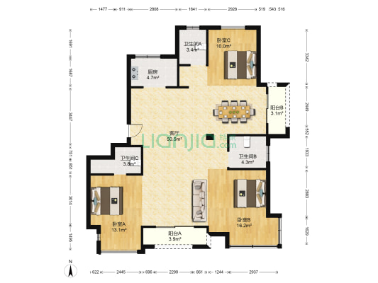 大家阳光里 3室1厅3卫 129平方