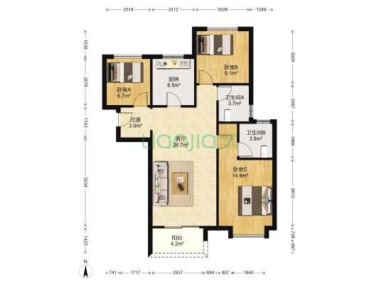 紫薇大都会 3室1厅2卫 110平方