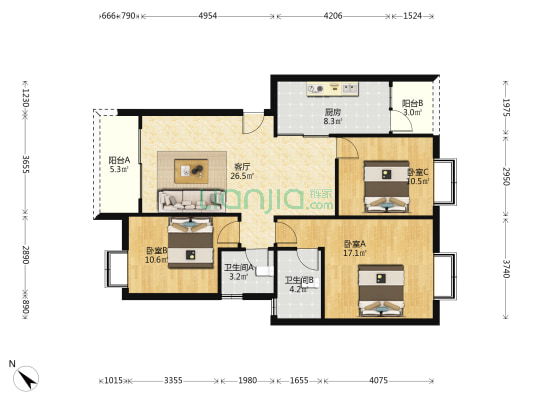 天鹤佳苑 3室1厅2卫 105平方
