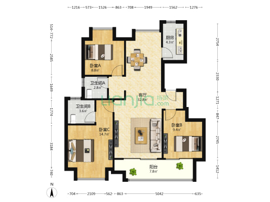 中国铁建知语拾光 3室1厅2卫 106平方