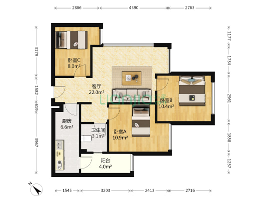 蓝光乐彩城三期 3室1厅1卫 65平方