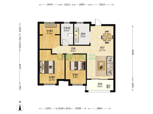华润橡树湾三期北区 3室1厅1卫 94平方