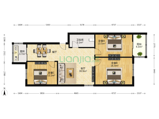 开元新村 3室1厅1卫 100平方