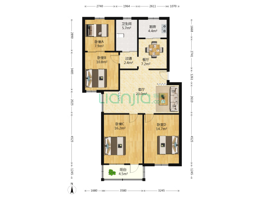 庆丰电力桥小区 4室2厅1卫 107平方