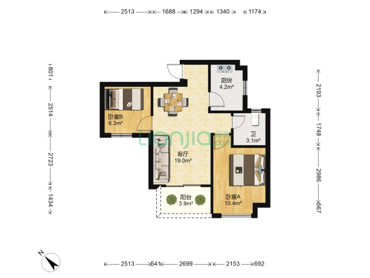 海南绿地城雅园 2室1厅1卫 66平方