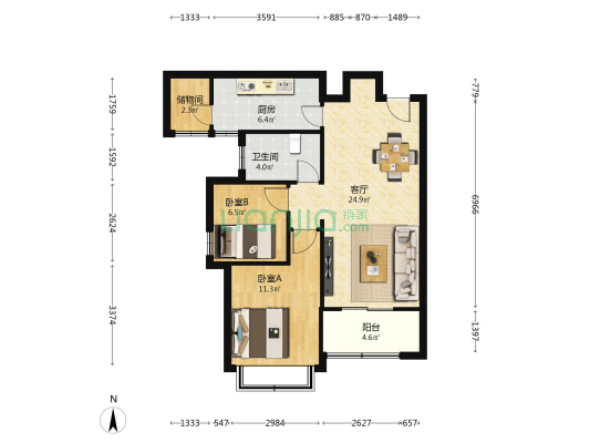 恒大御景天下一期 2室1厅1卫 85平方