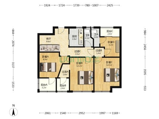 新中南家园 4室1厅2卫 90平方