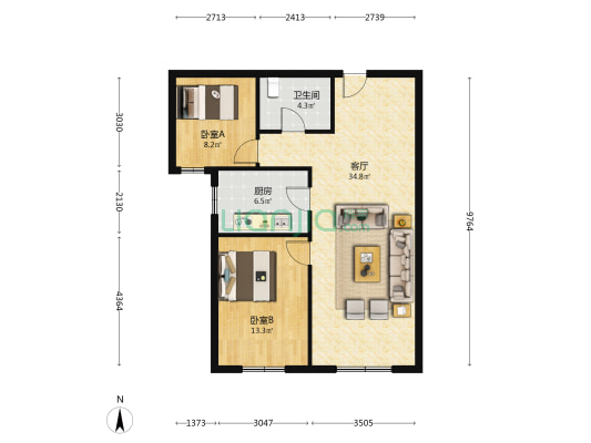 鸿坤理想湾明厨明卫的两居，中间楼层采光.好税费低-户型图