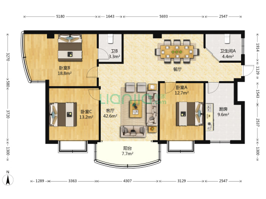 吴都旺角新天地 3室1厅2卫 148平方