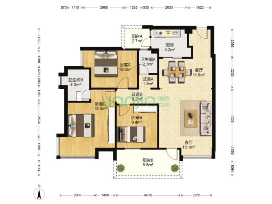 朗晴假日五期 3室2厅2卫 95平方