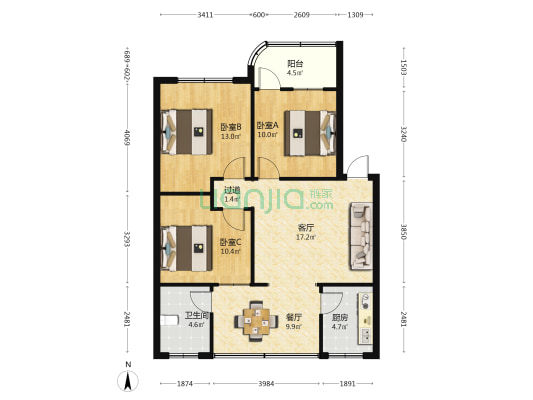 六福苑 3室2厅1卫 90平方