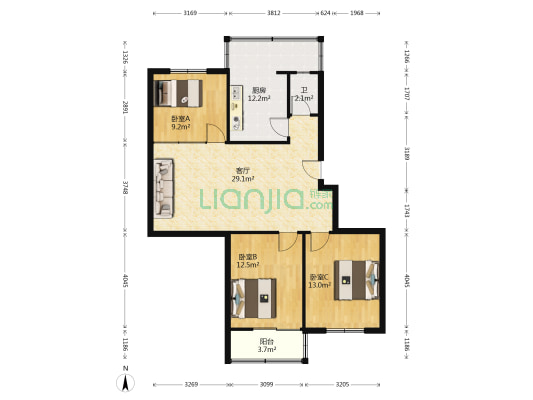 粮食局大院 3室1厅1卫 93平方