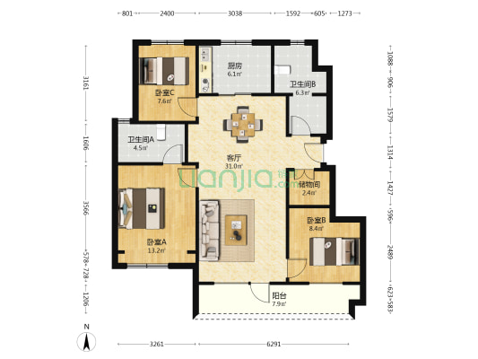 金地城E10 3室1厅2卫 108平方