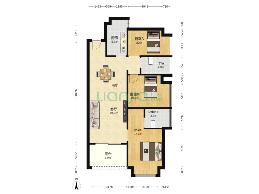 宁海尚峰二期 3室1厅2卫 96平方