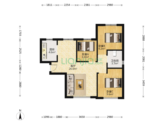 华润橡树湾仰润轩 3室1厅1卫 89平方