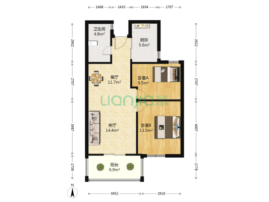 中楠穆溪左岸东院 2室2厅1卫 90平方